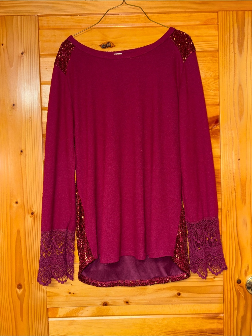 7th Ray Burgundy Long Sleeve Lace & Sequin Back Top